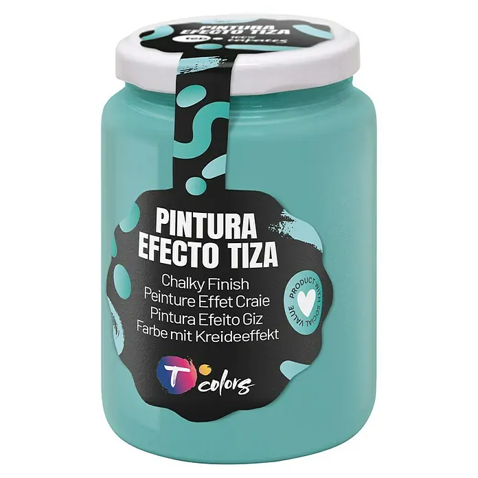 Tcolors Pintura de tiza Chalky Finish - Verde turquesa, 400 ml - Bote de pintura de tiza turquesa con una etiqueta que contiene información del producto.