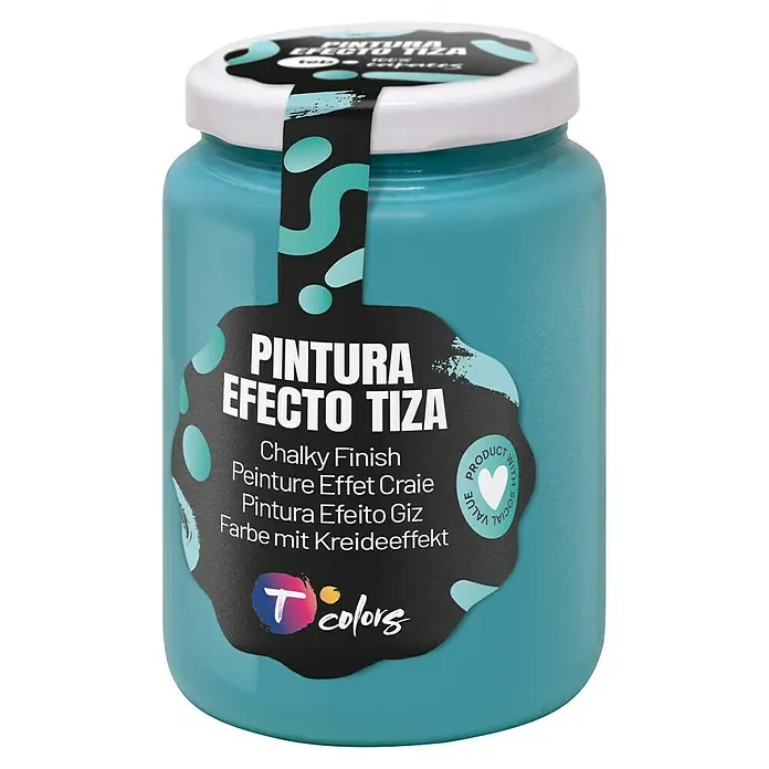 Tcolors Pintura de tiza Chalky Finish - Aguamarina, 175 ml - Tarro de pintura a la tiza color turquesa de T Colors con la etiqueta "Pintura Efecto Tiza", ideal para proyectos vintage.