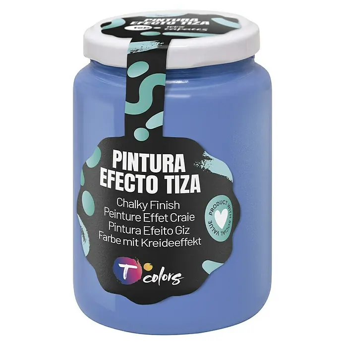 Tcolors Pintura de tiza Chalky Finish - Azul mediterráneo, 400 ml - Primer plano de una lata de pintura de tiza T Colors en un suave tono lila, ideal para proyectos DIY y renovación de muebles.