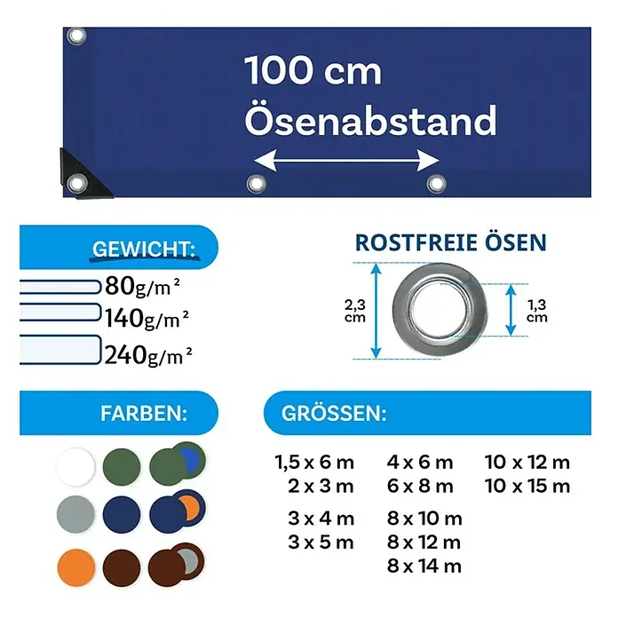 Floordirekt Abdeckplane - L x B: 14 x 8 m, Grammatur: 240 g/m², Blau - Produktdetails: Planenabstand 100 cm, Gewichte 80-240g/m², Farben & Größenvielfalt, rostfreie Ösen mit 2,3cm Außen- & 1,3cm Innendurchmesser.