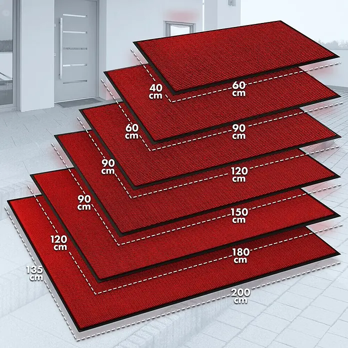 Fußmatte Sky Novo - Rot, 60 x 40 cm, 100 % Polypropylen - Abbildung verschiedener Größen einer roten, rechteckigen Fußmatte mit schwarzem Rand, von 40x60 cm bis 135x200 cm.