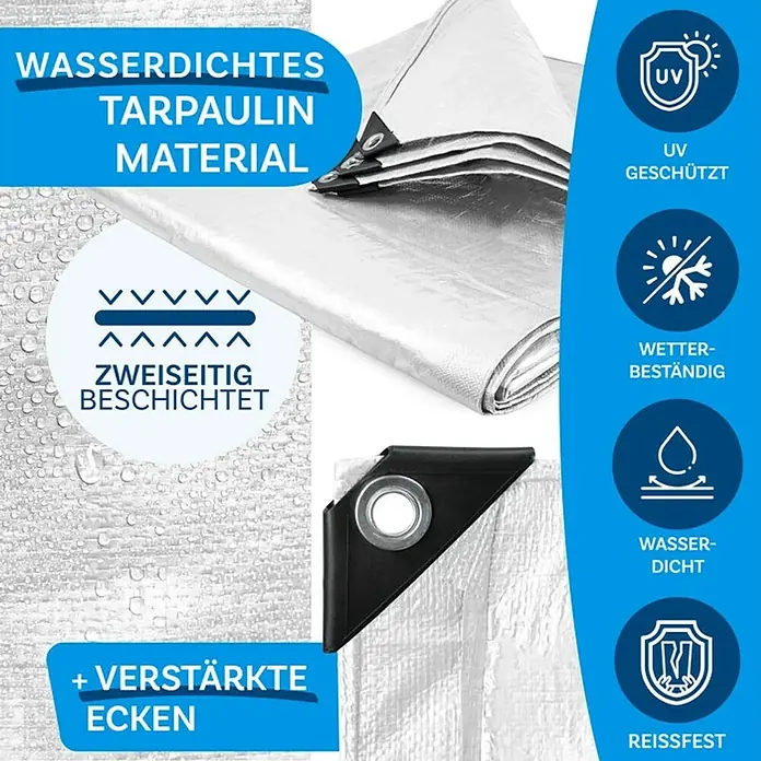 Floordirekt Abdeckplane - L x B: 5 x 3 m, Grammatur: 140 g/m², Weiß - Abbildung einer wasserdichten Tarpaulin-Plane mit UV-Schutz, Wetterbeständigkeit, verstärkten Ecken und Reißfestigkeit.