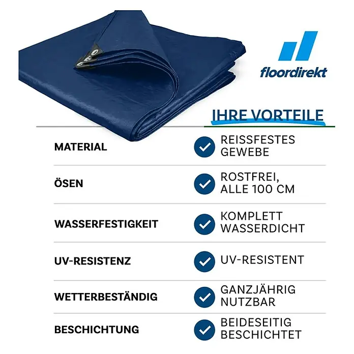 Floordirekt Abdeckplane - L x B: 14 x 8 m, Grammatur: 240 g/m², Blau - Eine blaue Plane mit Produktdetails wie Reißfestigkeit, Rostfreiheit, Wasserdichtigkeit und UV-Beständigkeit.