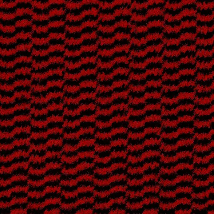 Fußmatte Sky Novo - Rot, 60 x 40 cm, 100 % Polypropylen - Nahaufnahme eines strukturierten Teppichs mit einem Muster aus roten und schwarzen Zickzacklinien. Das Design ist dicht und wiederholend.