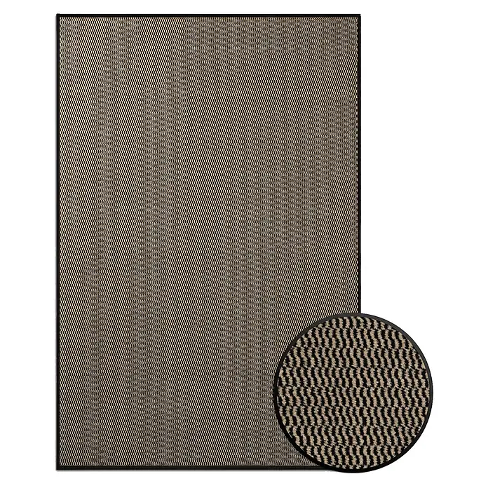 Fußmatte Sky Novo - Ocker/Schwarz, 120 x 90 cm, 100 % Polypropylen - Bild eines rechteckigen, braunen Teppichs mit einem Detailausschnitt, der die Textur zeigt und das OEKO-TEX®-Siegel trägt.