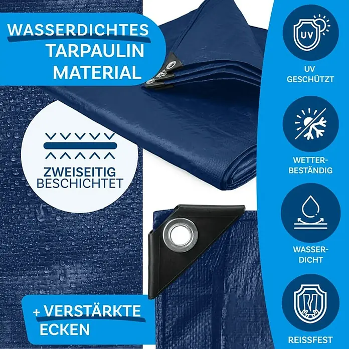 Floordirekt Abdeckplane - L x B: 14 x 8 m, Grammatur: 240 g/m², Blau - Abbildung einer wasserdichten, UV-geschützten und reißfesten blauen Tarpaulin-Plane mit verstärkten Ecken und zweiseitiger Beschichtung.