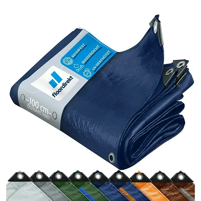 Floordirekt Abdeckplane - L x B: 14 x 8 m, Grammatur: 240 g/m², Blau - Robuste, wasserdichte und UV-geschützte Floor direkt Plane mit Ösenabstand 0-100 cm, ideal für den vielfältigen Einsatz im Innen- und Aussenbereich.