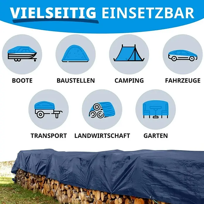 Floordirekt Abdeckplane - L x B: 14 x 8 m, Grammatur: 240 g/m², Blau - Abdeckung für vielseitige Anwendungen: Boote, Baustellen, Camping, Fahrzeuge, Transport, Landwirtschaft und Garten.