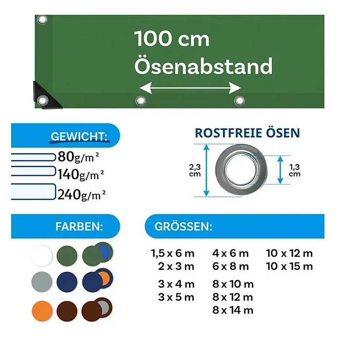 Floordirekt Abdeckplane - L x B: 5 x 3 m, Grammatur: 240 g/m², Grün - Produktbild mit Spezifikationen zur Plane, einschließlich Gewicht, Größe, Farben und Ösenabstand.