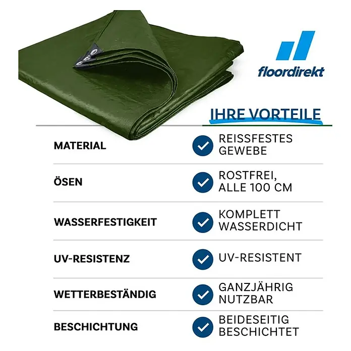 Floordirekt Abdeckplane - L x B: 5 x 3 m, Grammatur: 240 g/m², Grün - Bild einer Plane mit Eigenschaften wie Reißfestigkeit, Rostfreiheit, Wasserdichtigkeit und UV-Beständigkeit.