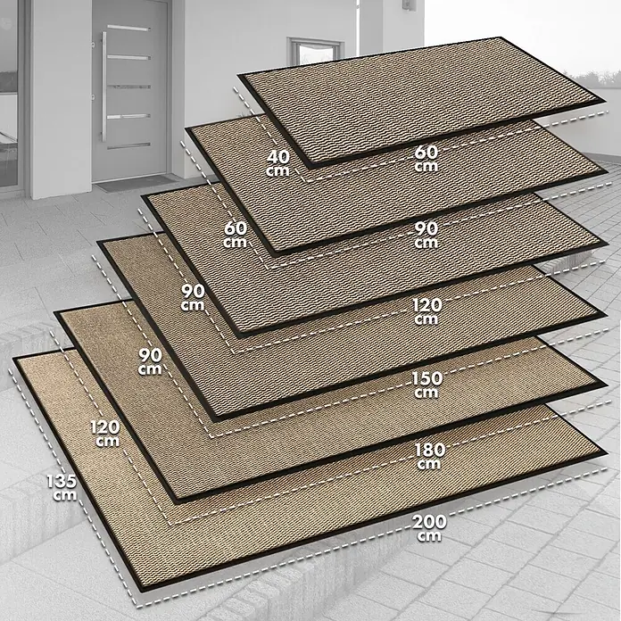 Fußmatte Sky Novo - Ocker/Schwarz, 120 x 90 cm, 100 % Polypropylen - Eine Auswahl an Fussmatten in verschiedenen Grössen, von 40x60cm bis 135x200cm, präsentiert auf einer Treppe.