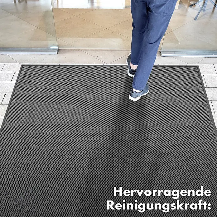 Fußmatte Sky Novo - Anthrazit, 90 x 60 cm, 100 % Polypropylen - Graue Schmutzfangmatte mit OEKO-TEX® Siegel und der Aufschrift "Hervorragende Reinigungskraft:" vor einem Eingangsbereich.