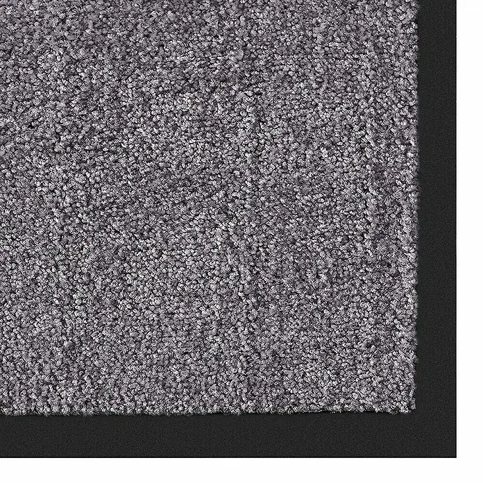 Fußmatte Rhine - Beige/Grau, 600 x 90 cm, 100 % Polyamid - Nahaufnahme eines grauen Teppichs mit schwarzem Rand, der Textur und Detailreichtum des Produkts hervorhebt.