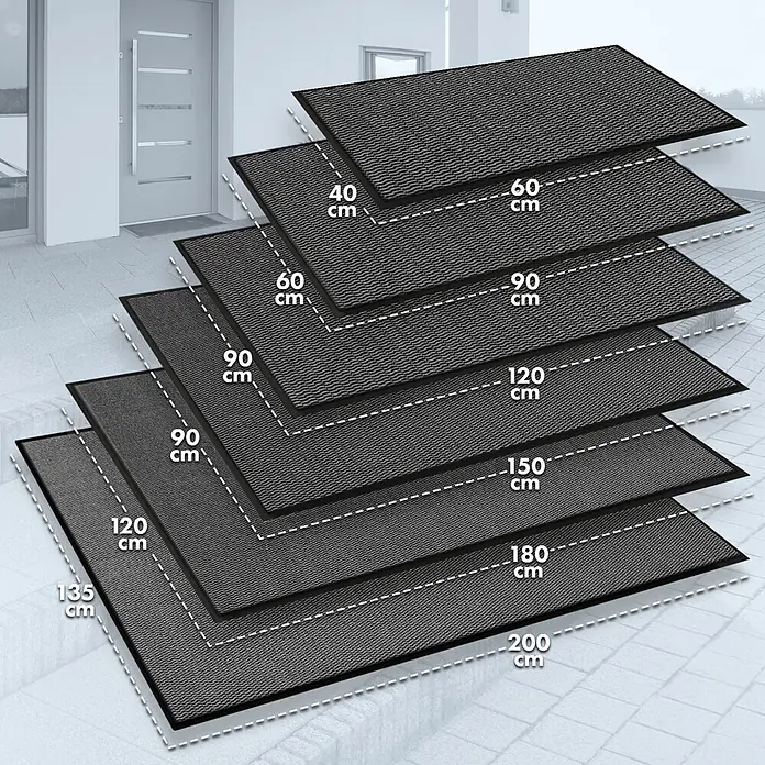 Fußmatte Sky Novo - Anthrazit, 90 x 60 cm, 100 % Polypropylen - Bild zeigt eine Auswahl an Fußmatten in verschiedenen Größen, gekennzeichnet mit Maßangaben und dem OEKO-TEX® Siegel.
