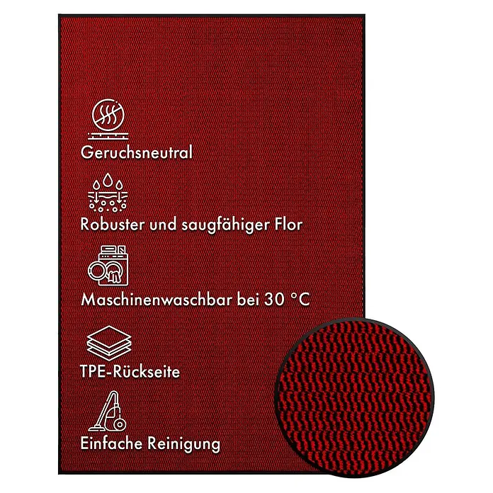 Fußmatte Sky Novo - Rot, 60 x 40 cm, 100 % Polypropylen - Produktbild mit Piktogrammen, die die Eigenschaften des Produkts hervorheben, wie Geruchsneutralität und einfache Reinigung.