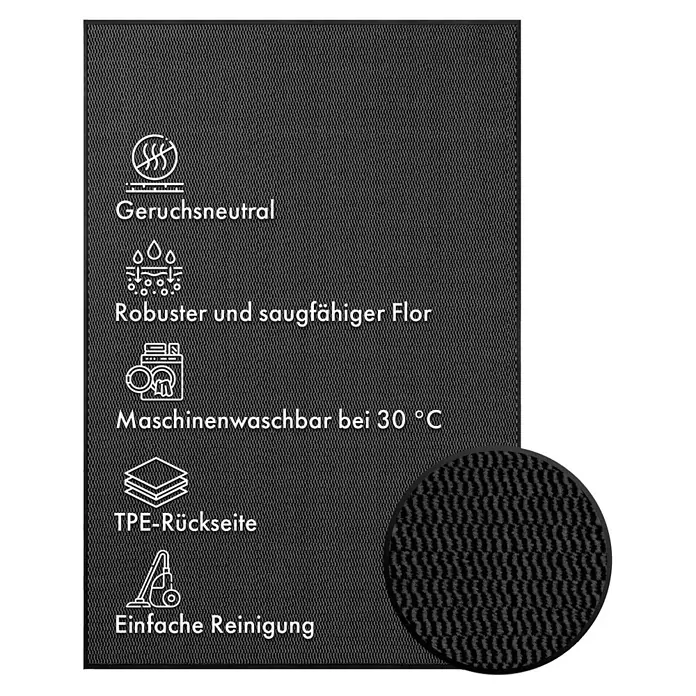 Fußmatte Sky Novo - Anthrazit, 90 x 60 cm, 100 % Polypropylen - Darstellung der Produkteigenschaften einer schwarzen Fußmatte mit Piktogrammen und Texten.