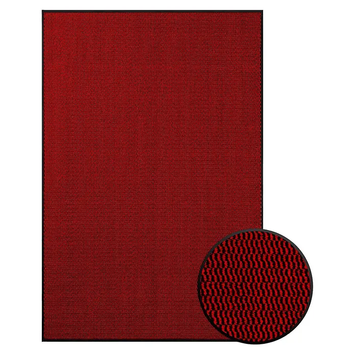 Fußmatte Sky Novo - Rot, 60 x 40 cm, 100 % Polypropylen - Roter Teppich mit schwarzem Muster und Detailansicht, zertifiziert nach OEKO-TEX Standard. Ideal für Wohnräume und Büros.
