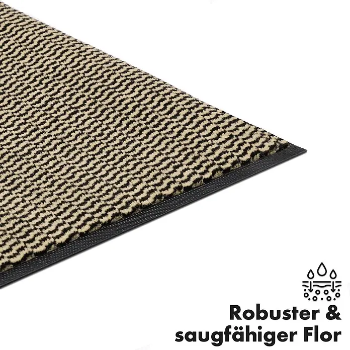 Fußmatte Sky Novo - Ocker/Schwarz, 120 x 90 cm, 100 % Polypropylen - Schmutzfangmatte in Beige und Schwarz mit OEKO-TEX Siegel und Saugfähigkeits-Symbol für einen robusten und saugfähigen Flor.