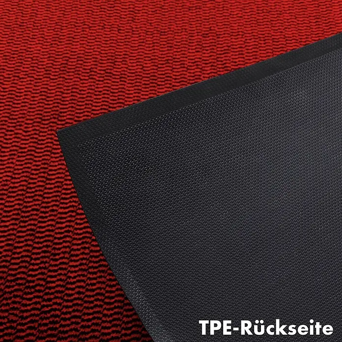 Fußmatte Sky Novo - Rot, 60 x 40 cm, 100 % Polypropylen - Produktbild einer schwarzen TPE-Rückseite mit OEKO-TEX® Zertifikat auf einem roten Teppich für hochwertige Bodenbeläge.