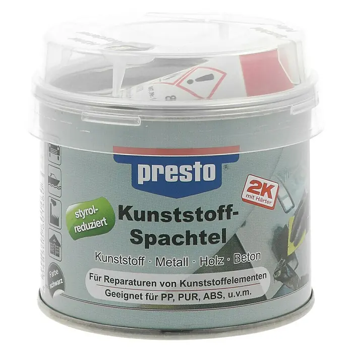 Presto Kunststoffspachtel 2 K - Schwarz, 250 g, Styrolreduziert - Ein Behälter Presto Kunststoff-Spachtel, ein 2K-Kunststoffspachtel zur Reparatur von Kunststoffelementen wie PP, PUR und ABS.
