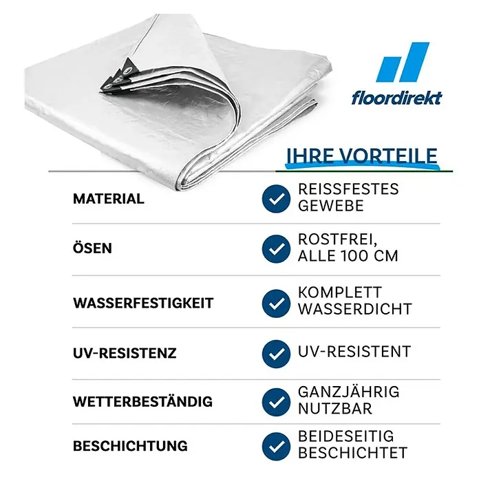 Floordirekt Abdeckplane - L x B: 5 x 3 m, Grammatur: 140 g/m², Weiß - Abdeckung mit den Vorteilen: reißfest, rostfrei, wasserdicht, UV-beständig, ganzjährig nutzbar und beidseitig beschichtet.