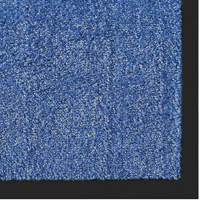 Fußmatte Rhine - Blau, 60 x 40 cm, 100 % Polyamid - Nahaufnahme einer blauen Teppichfliese mit schwarzem Rand, ideal für Büro oder Zuhause. Robuster und stilvoller Bodenschutz.