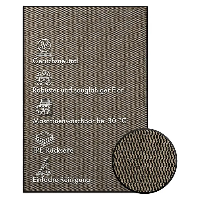 Fußmatte Sky Novo - Ocker/Schwarz, 120 x 90 cm, 100 % Polypropylen - Abbildung einer braunen Fußmatte mit Symbolen für Geruchsneutralität, Saugfähigkeit, Maschinenwaschbarkeit, TPE-Rückseite und einfache Reinigung.