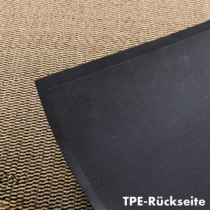 Fußmatte Sky Novo - Ocker/Schwarz, 120 x 90 cm, 100 % Polypropylen - Detaillierte Ansicht einer TPE-Rückseite mit OEKO-TEX® Zertifikat, ideal für Matten und Teppiche. Die strukturierte Oberfläche sorgt für Rutschfestigkeit.