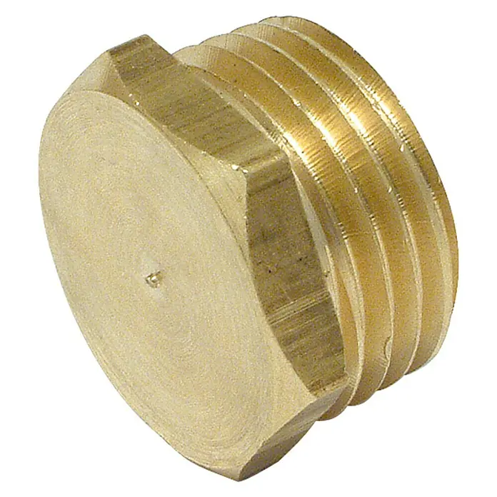 Tapón roscado - 1″ - Primer plano de un tapón de tubo de latón con rosca externa y cabeza hexagonal.