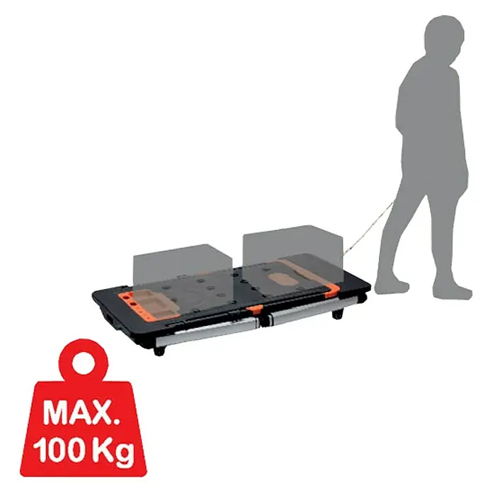 Banco de trabajo 7 en 1 - L x An: 55 x 108,5 cm, Altura de trabajo: 78 cm, Carga soportada: 100 kg - Un banco de trabajo plegable con una capacidad de carga máxima de 100 kg, arrastrado por una persona.