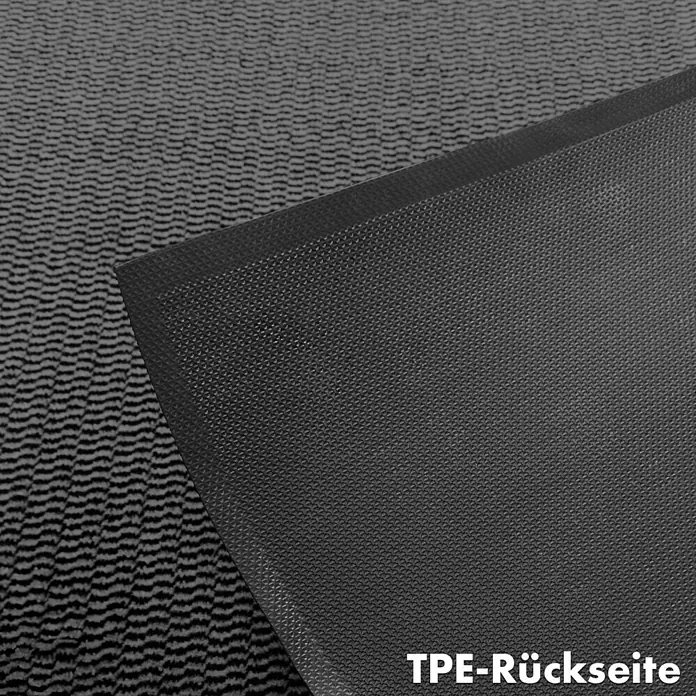 Fußmatte Sky Novo - Anthrazit, 90 x 60 cm, 100 % Polypropylen - Das Bild zeigt eine Teppichmatte mit einer TPE-Rückseite, die für Rutschfestigkeit und Langlebigkeit sorgt. Das Produkt trägt das OEKO-TEX® Siegel.