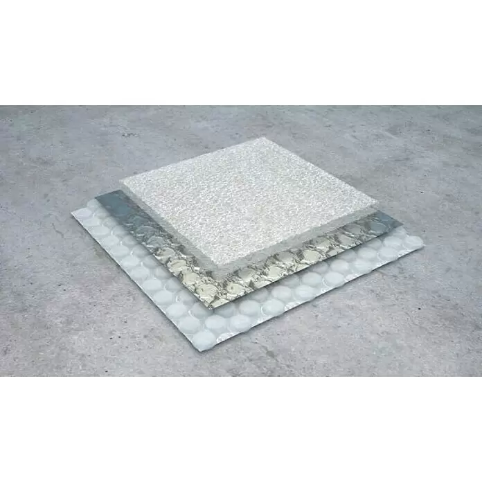 Bur2000 Aislamiento reflexivo Termoreflex S-YC - 30 x 1,2 m, 36 m² - Capas apiladas de materiales aislantes: espuma blanca, lámina reflectante y textura de burbujas.