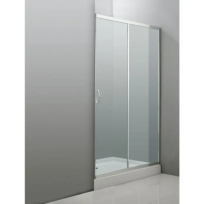 Mampara de ducha frontal Jade - 140 x 195 cm, Espesor de vidrio: 4 mm, Cromo - Imagen de una elegante cabina de ducha con puertas correderas y marco cromado sobre un fondo gris.