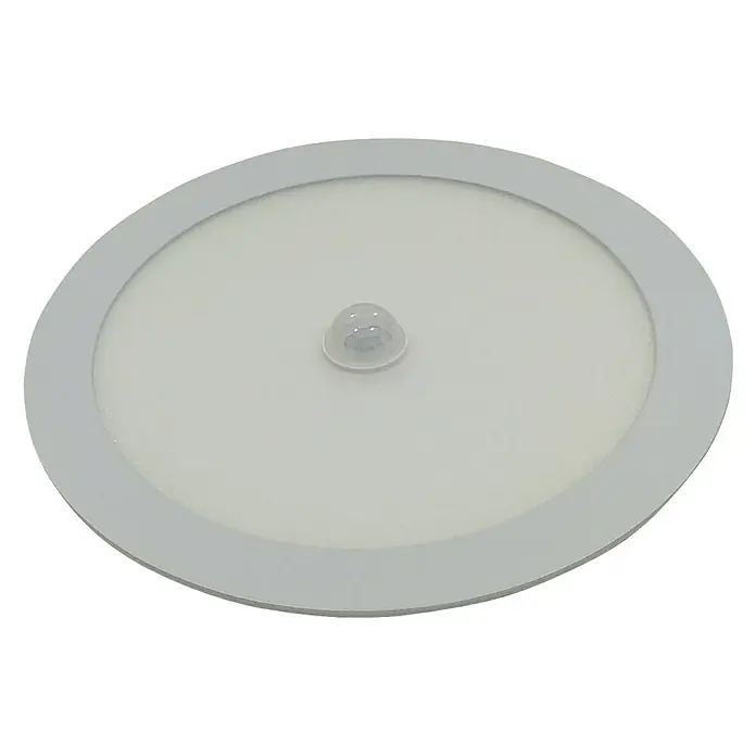 Downlight empotrable LED redondo con sensor - 18 W, Ø x Al: 22 x 3,5 cm, Blanco neutro - Una luz LED redonda gris con sensor de movimiento para uso interior, que ofrece una solución de iluminación práctica y eficiente energéticamente.
