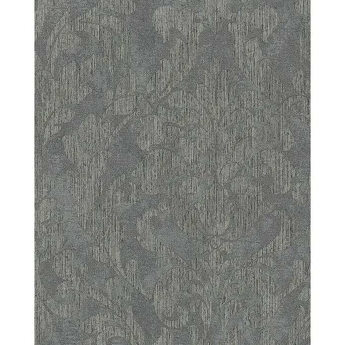 Marburg Nabucco Vliestapete - Schwarz, Ornament, 10,05 x 0,53 m - Nahaufnahme einer grauen Tapete mit floralem Muster und vertikalen Texturstreifen, die ein elegantes und dezentes Design zeigt.