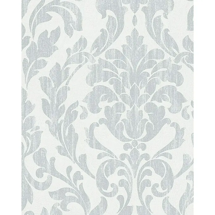 Marburg Nabucco Vliestapete - Grau/Weiß, Ornament, 10,05 x 0,53 m - Elegante Tapete mit silbernem Damastmuster auf weißem Grund, ideal für stilvolle Akzente im Wohnbereich. Die Textur verleiht Tiefe und Charakter.