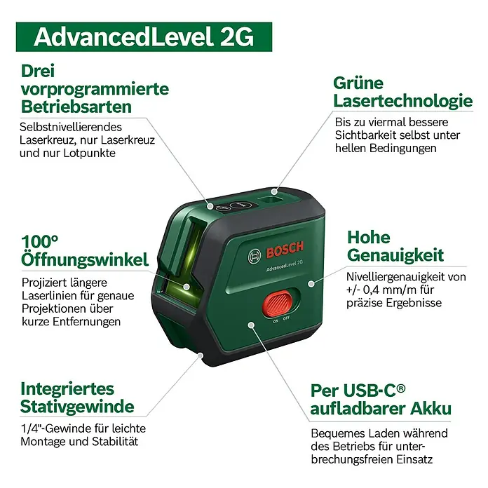 Bosch Kreuzlinienlaser Advanced Level 2G Set - Max. Arbeitsbereich: 15 m - Bild des Bosch AdvancedLevel 2G, einem grünen Laser-Nivelliergerät mit hoher Genauigkeit und USB-C-Aufladung für vielseitige Anwendungen.