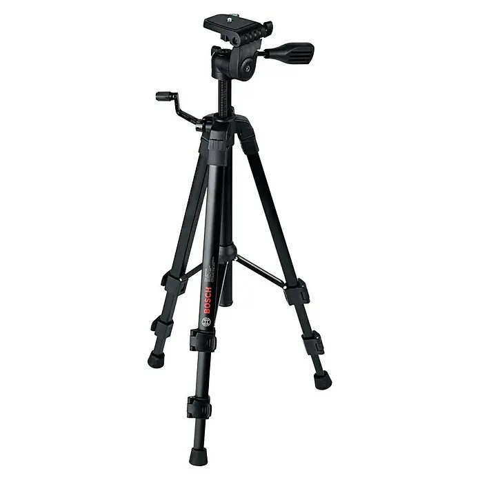 Bosch Stativ TT 120 - Höhenverstellung: 45 cm - 120 cm, Stativ-Gewinde: ¼″ - Bosch BT 150 Professional Stativ. Das Stativ ist schwarz und hat drei Beine. Es ist für den professionellen Einsatz konzipiert und bietet Stabilität.