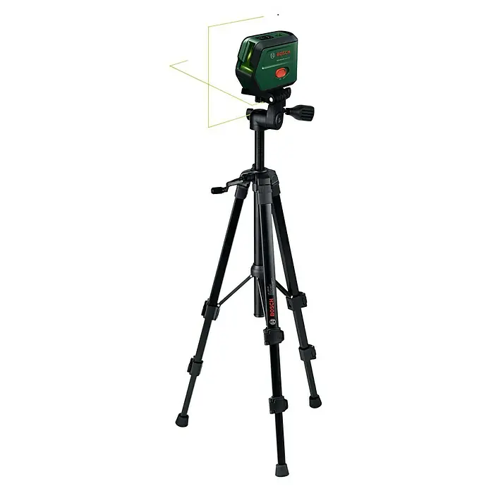Bosch Kreuzlinienlaser Advanced Level 2G Set - Max. Arbeitsbereich: 15 m - Bosch Kreuzlinienlaser auf Stativ, projiziert grüne Laserlinien für präzise Ausrichtung im Innenausbau.\n