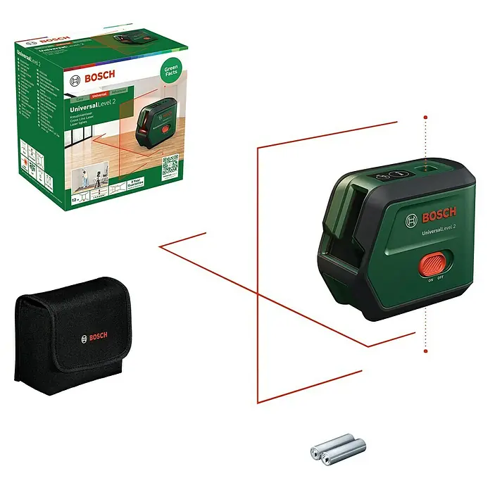Bosch Kreuzlinienlaser UniversalLevel 2 - Max. Arbeitsbereich: 5 m - 20 m - Das Bosch UniversalLevel 2 Set mit Laser-Kreuzlinien, Tasche und Zubehör für präzise Ausrichtung bei verschiedenen Anwendungen.
