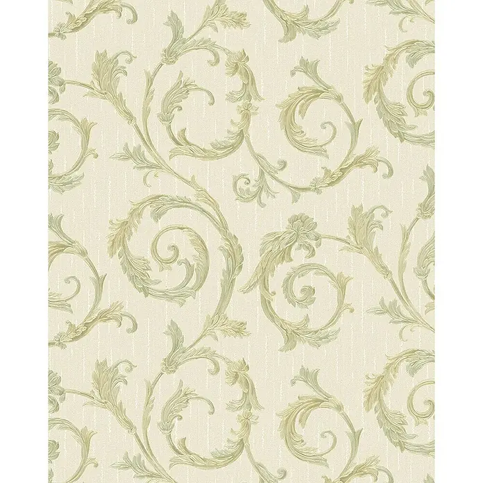 Marburg Home Classic Belvedere Vliestapete Rokkoko-Ranke - Dunkelbeige, Ornament, 10,05 x 0,53 m - Beige Tapete mit einem grünen, gewundenen Rankenmuster, das eine elegante und beruhigende Atmosphäre schafft.