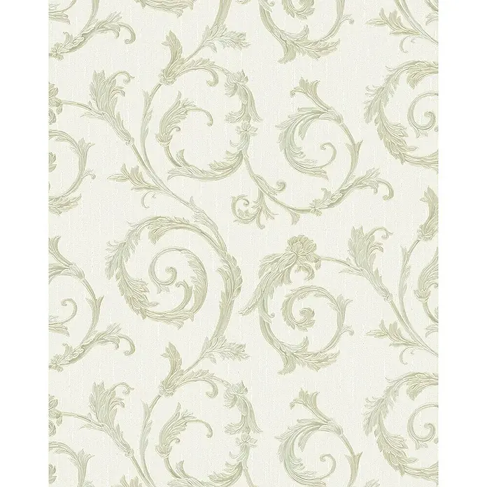 Marburg Home Classic Belvedere Vliestapete Rokkoko-Ranke - Beige, Ornament, 10,05 x 0,53 m - Elegante Tapete mit blassgrünen Rankenornamenten auf sanft strukturiertem, elfenbeinfarbenem Hintergrund, ideal für stilvolle Innenräume.