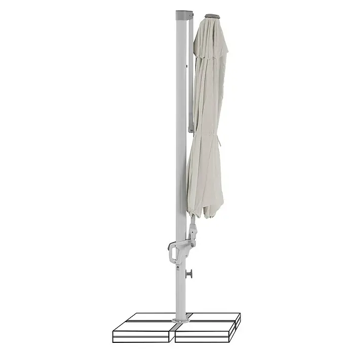 Suncomfort Ampelschirm rund Familyflex - Hellgrau, Durchmesser Bespannung: 300 cm - Ein eleganter, cremefarbener Sonnenschirm ist am seitlichen Mast befestigt und steht auf einem quadratischen Betonsockel.