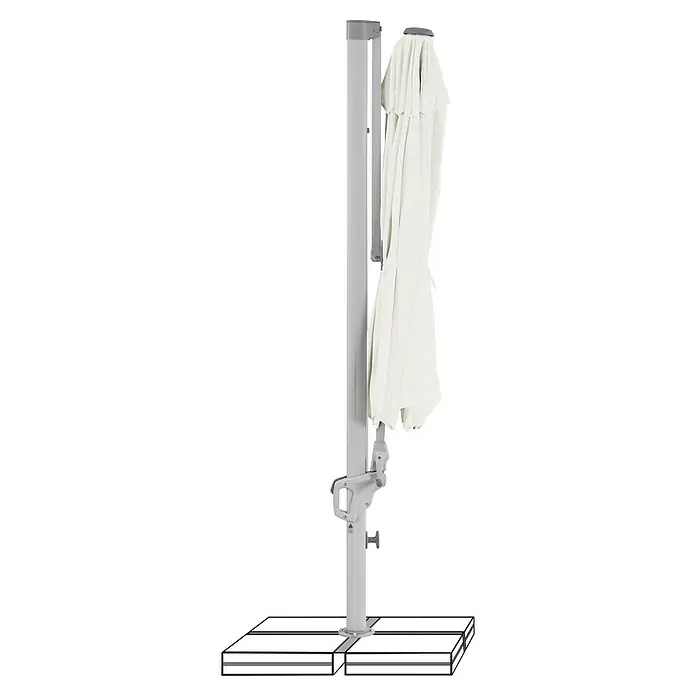 Suncomfort Ampelschirm rund Familyflex - Sandweiß, Durchmesser Bespannung: 300 cm - Eine Nahaufnahme eines weißen Sonnenschirms mit einem stabilen, hellgrauen Ständer, der Schatten und Schutz im Freien bietet.