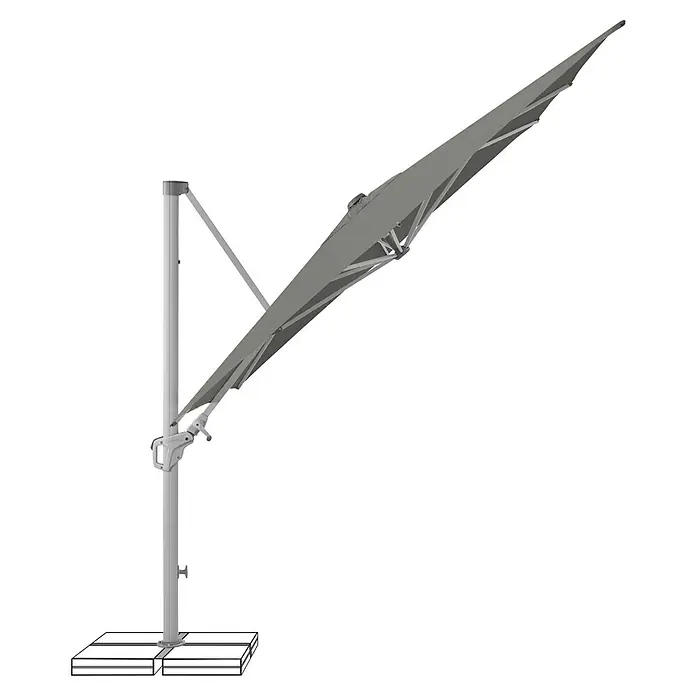 Suncomfort Ampelschirm Familyflex - Steingrau, Bespannungsmaß (L x B): 250 x 250 cm - Ein grauer, seitlich montierter Sonnenschirm mit einem stabilen Sockel, ideal für Terrassen und Gärten.