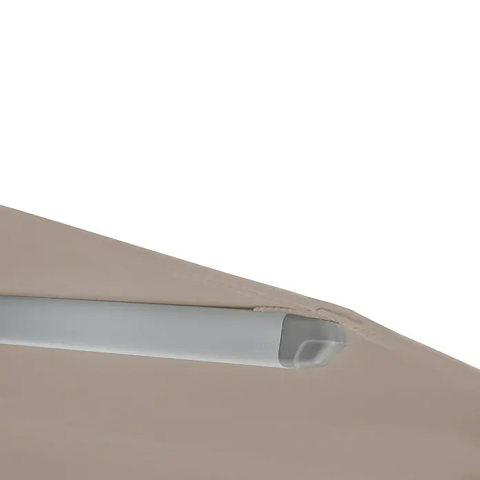 Suncomfort Ampelschirm Familyflex - Helles Taupe, Bespannungsmaß (L x B): 250 x 250 cm - Nahaufnahme einer beigen Markise mit einer grauen Stange, die die Markise stützt und einen sauberen und modernen Look bietet.