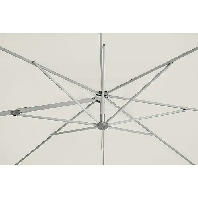 Suncomfort Ampelschirm rund Familyflex - Sandweiß, Durchmesser Bespannung: 300 cm - Detailaufnahme der Unterseite eines Sonnenschirms, der das stabile, graue Stützsystem hervorhebt. Das Design ist funktional und modern.