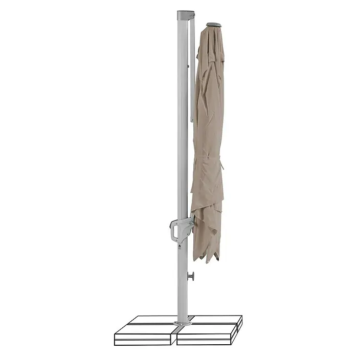 Suncomfort Ampelschirm Familyflex - Helles Taupe, Bespannungsmaß (L x B): 250 x 250 cm - Ein hochwertiger Ampelschirm mit beigem Bezug und stabilem, grauem Ständer sorgt für Schatten und Komfort im Außenbereich.
