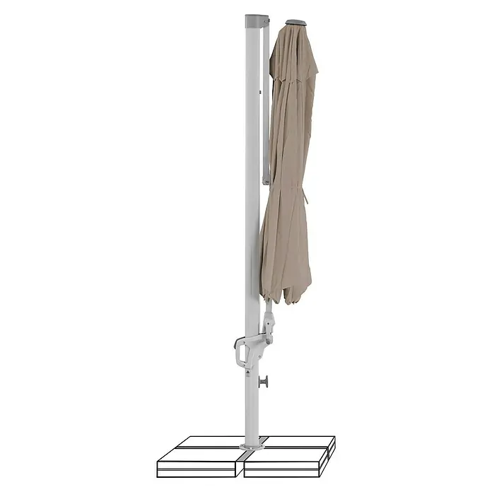 Suncomfort Ampelschirm rund Familyflex - Helles Taupe, Durchmesser Bespannung: 300 cm - Ein beigefarbener, zusammengeklappter Sonnenschirm mit einem robusten, weißen Ständer, ideal für den Außenbereich.