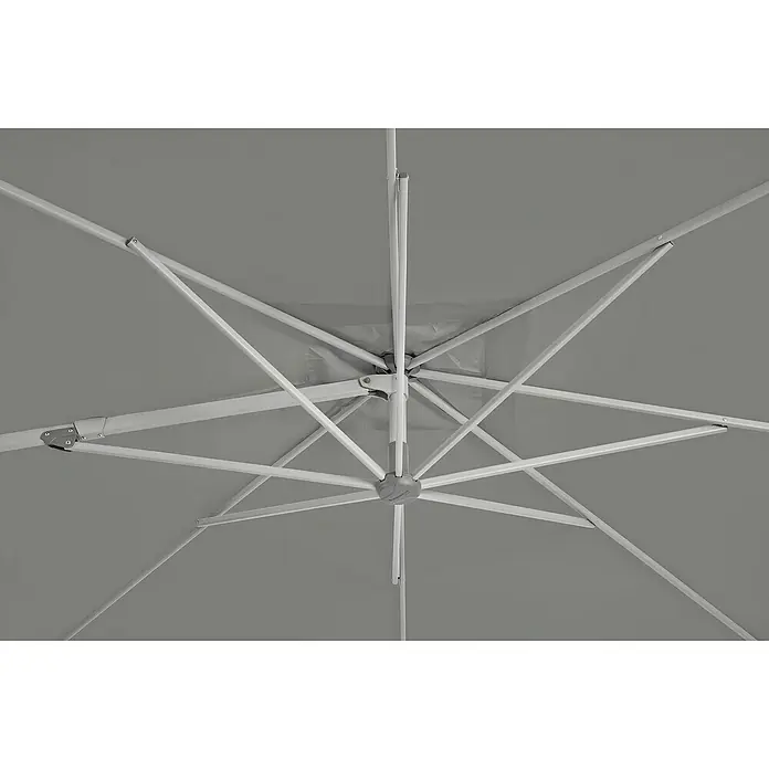 Suncomfort Ampelschirm Familyflex - Steingrau, Bespannungsmaß (L x B): 250 x 250 cm - Ansicht von unten eines Sonnenschirms mit weißem Gestell und grauem Schirmdach, der Schatten spendet und vor Sonne schützt.